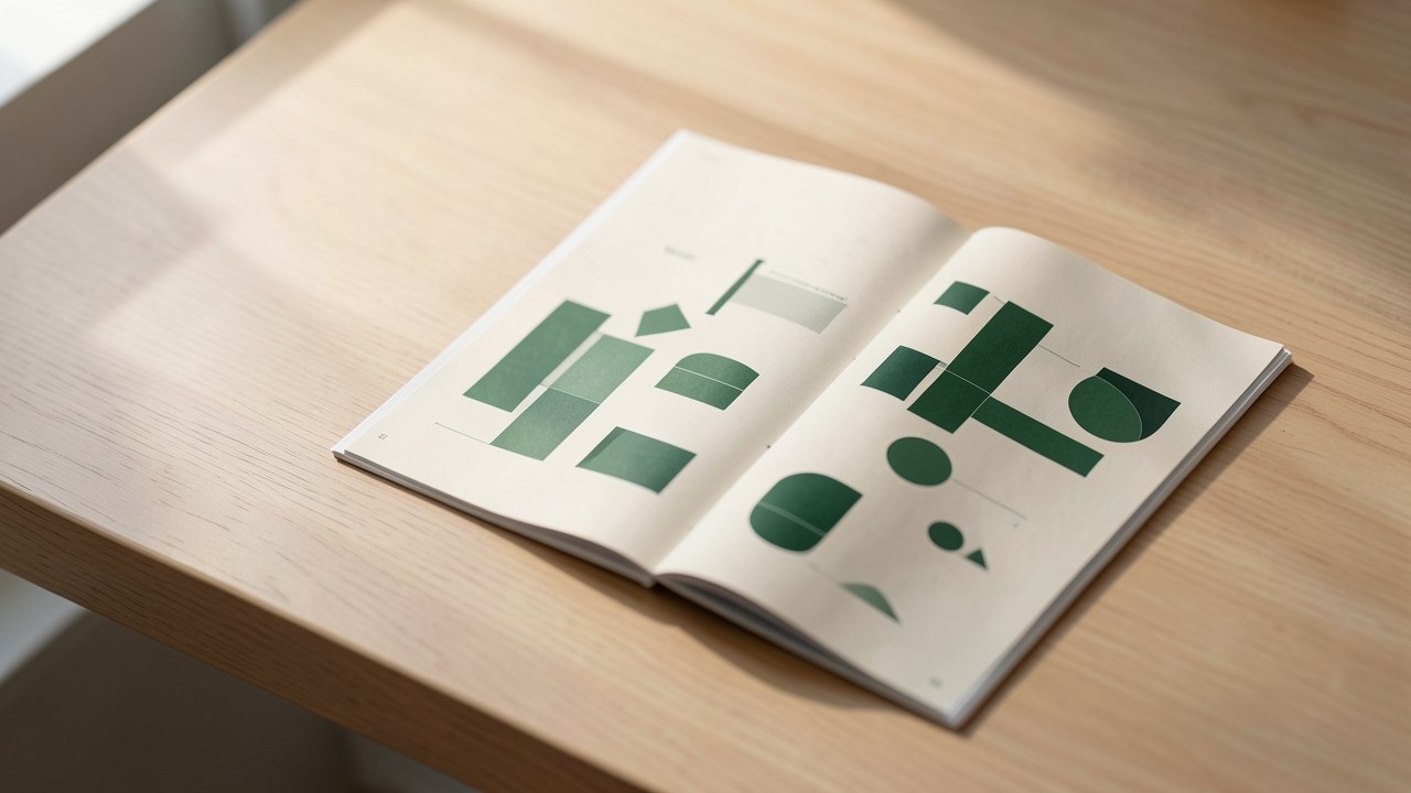 An open magazine spread with a clean layout on a wooden desk, showing subtle charts and financial data in soft natural light.