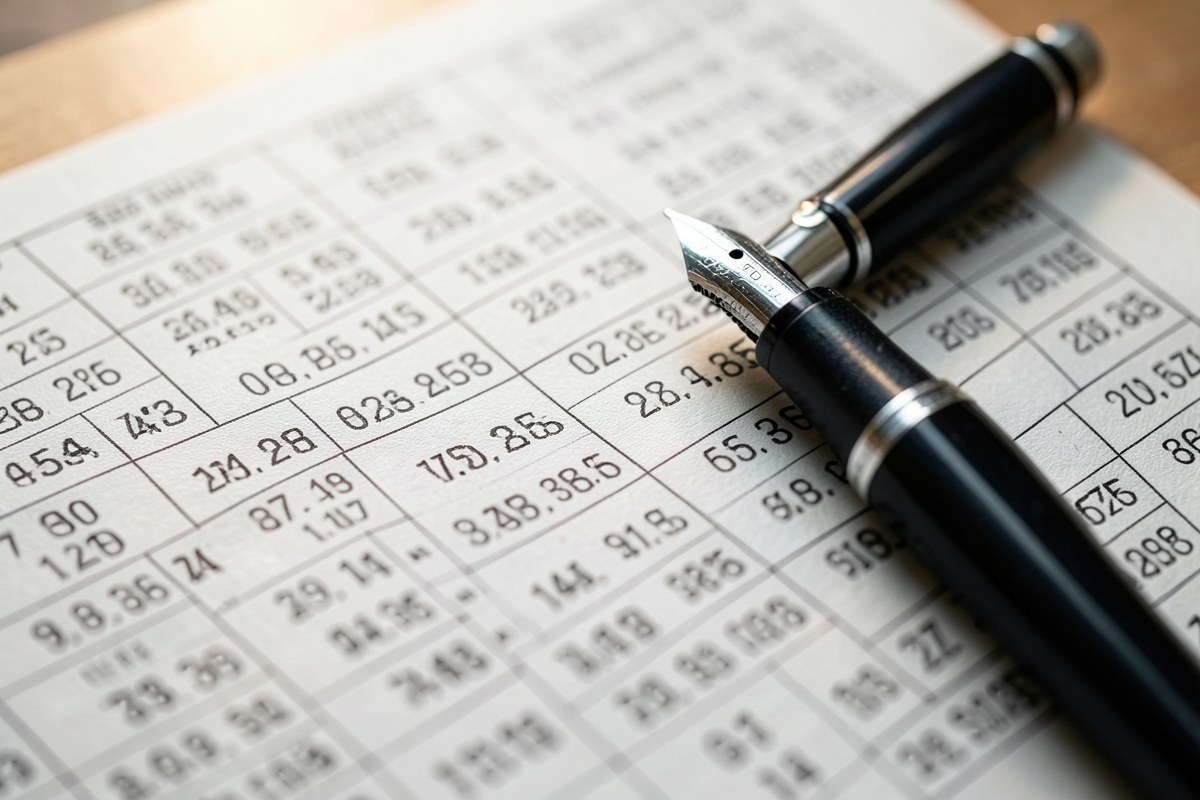 Close-up of a printed table with rows and columns of financial numbers, a pen resting on the page.