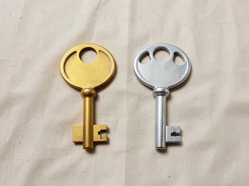 Two distinct keys, one brass and one silver, lying on a simple beige cloth, symbolizing choice.