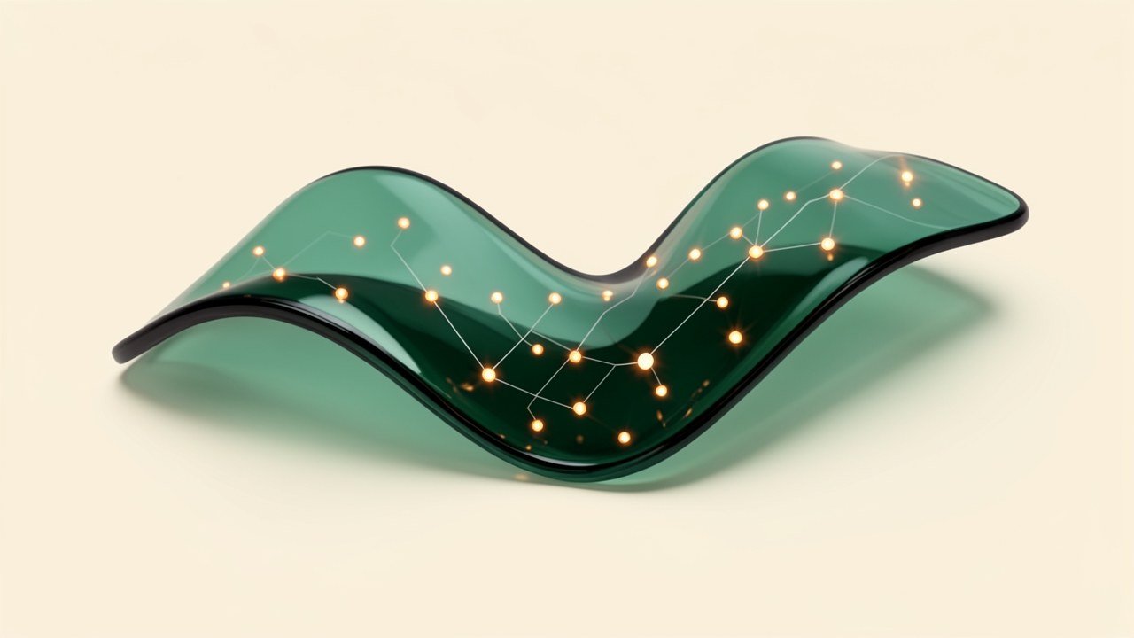 An abstract 3D rendering of a flowing glass wave with small illuminated nodes, symbolizing market dynamics.