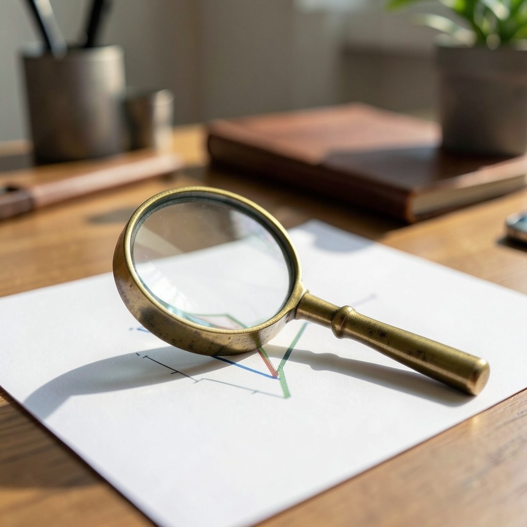 A magnifying glass over a simple line graph on paper, focusing on the difference between two lines.
