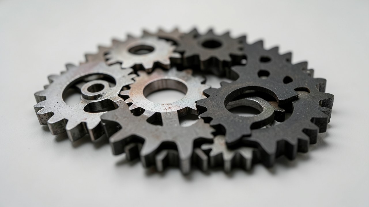 A macro shot of interlocking gears with smooth surfaces, some metallic and some dark, against a plain background.