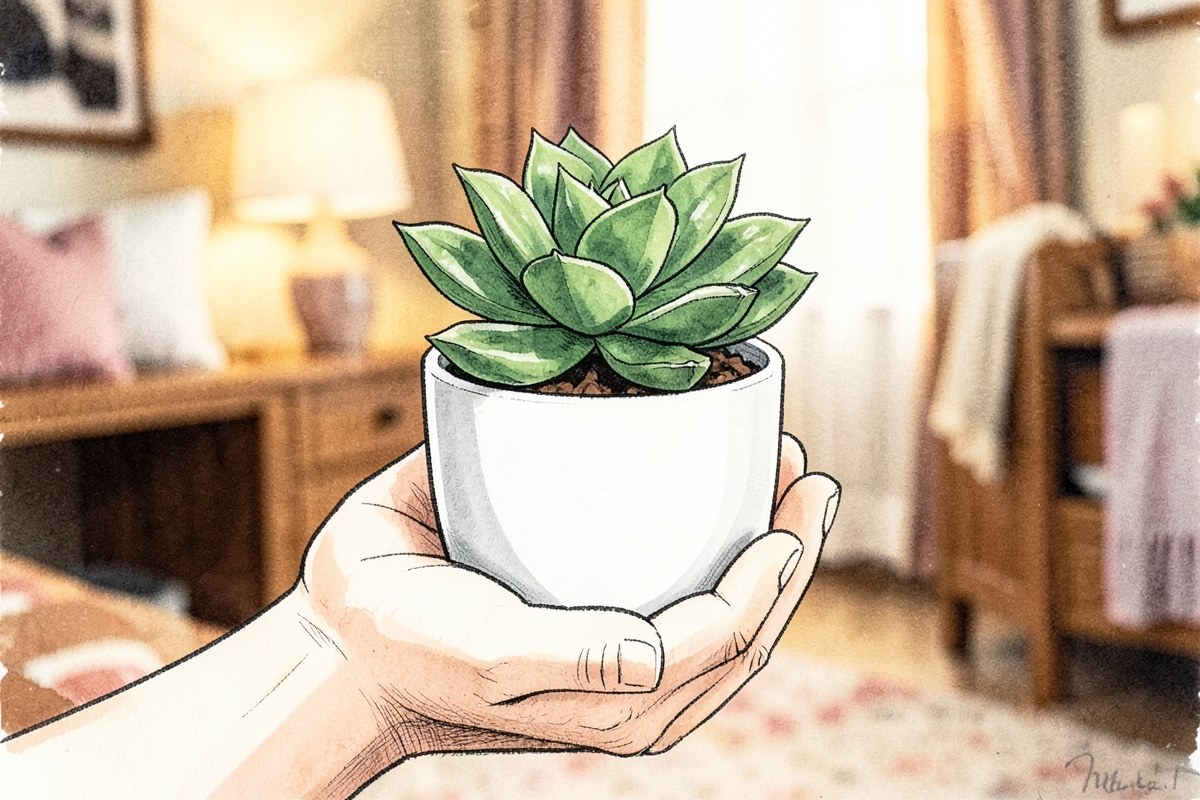A hand holding a small green succulent plant in a white pot, with a blurred background of a home interior.