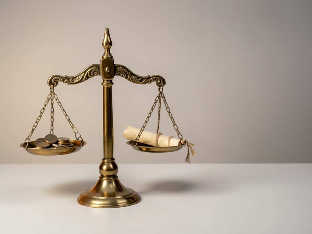 A balance scale in the center, with one side holding a few coins and a rolled document, the other side empty.