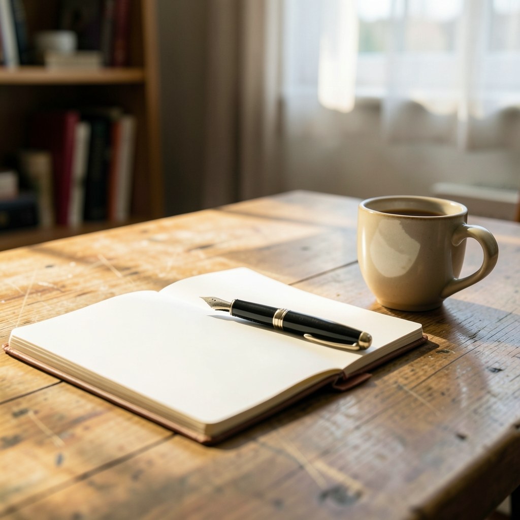 An open notebook with a pen and a cup of coffee on a rustic wooden table, warm morning light.