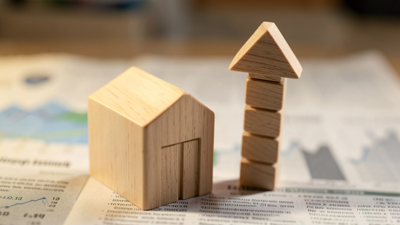 A small model house next to a rising arrow made of wood blocks, on a financial newspaper with blurred charts.
