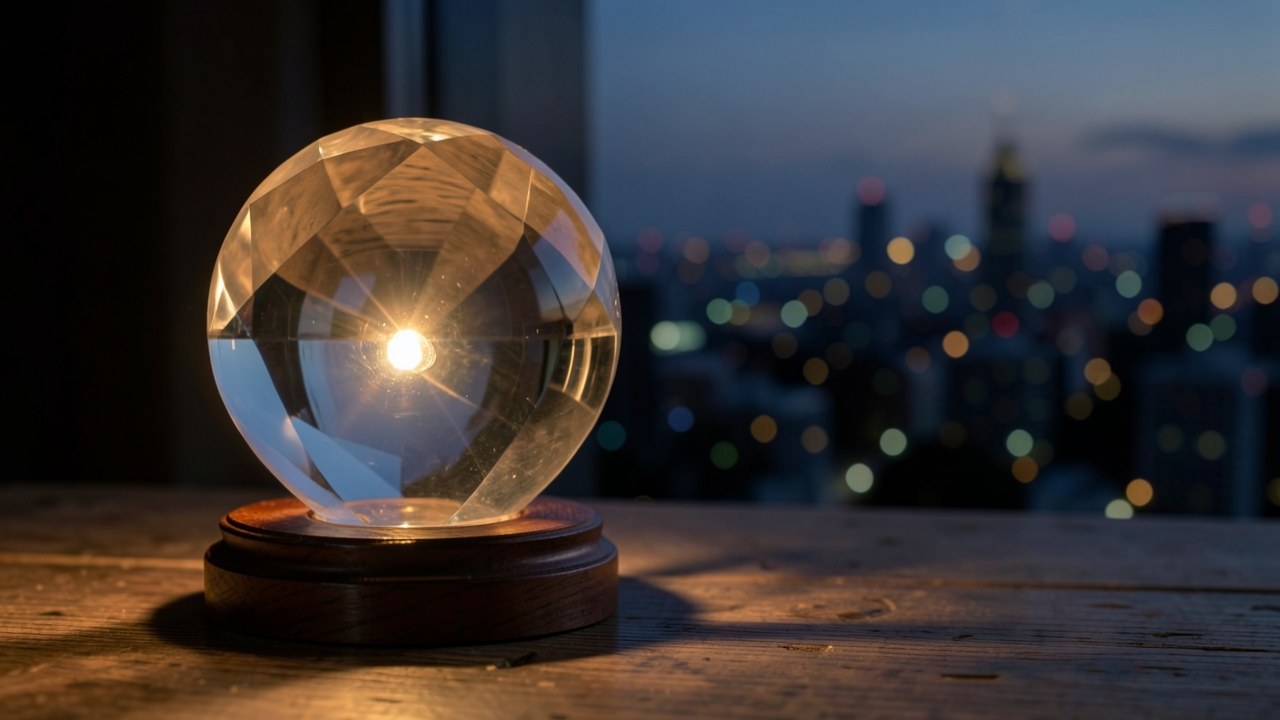 A clear glass crystal ball on a wooden stand, with a soft glowing center, overlooking a blurred cityscape at dusk.