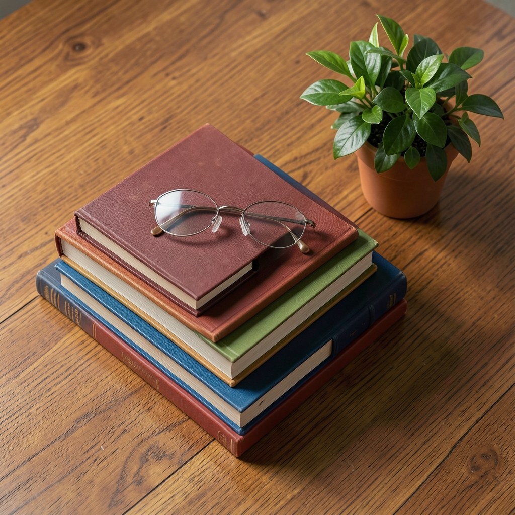 A stack of books and a pair of glasses on a desk, with a small green plant.