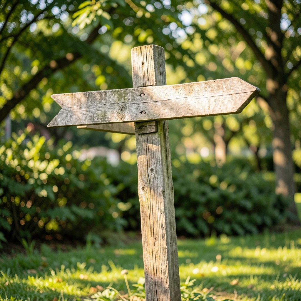A simple wooden signpost with no text, pointing in two directions, in a serene green park.