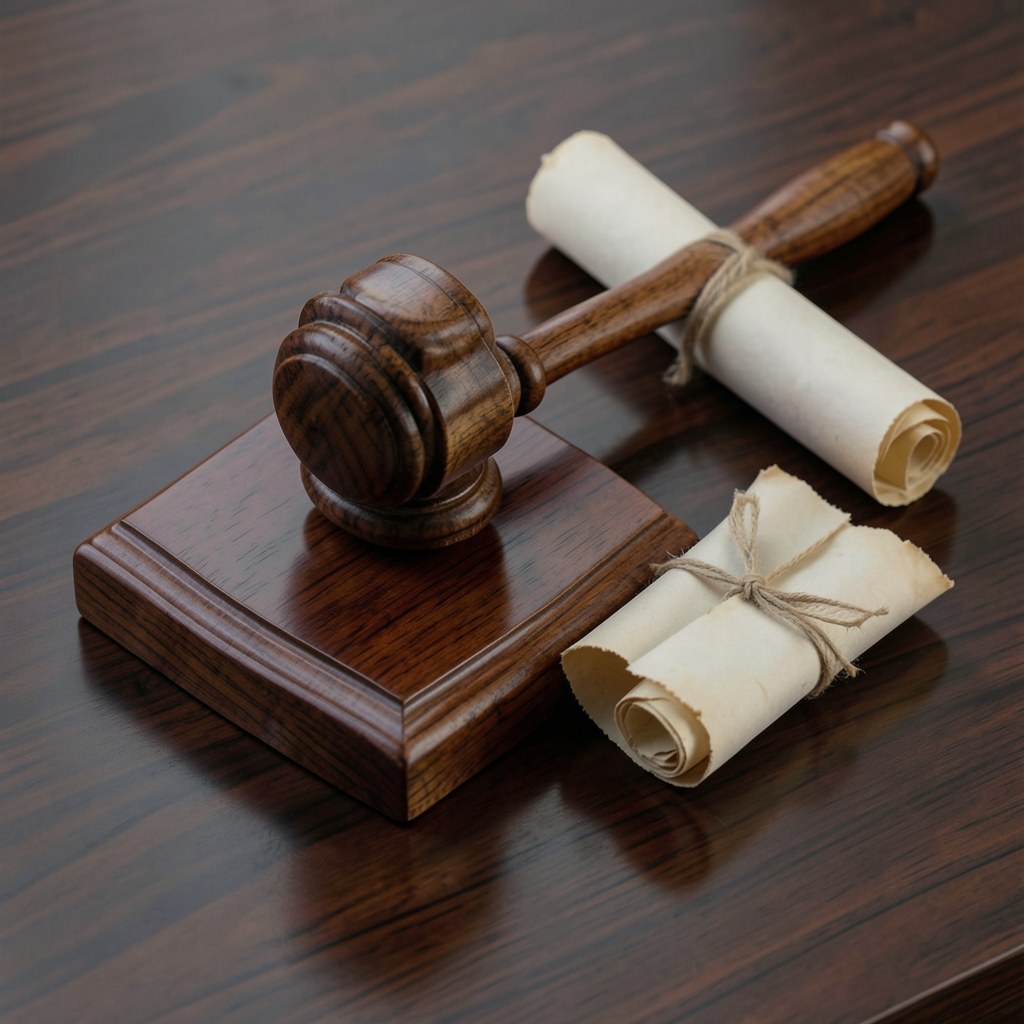 A gavel resting on a sound block next to rolled legal documents, on a polished wood surface.