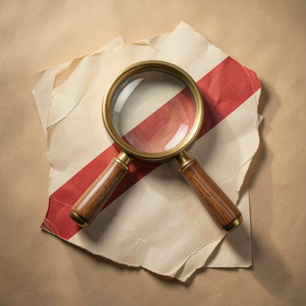 A magnifying glass over a document with a red warning stripe, emphasizing caution.