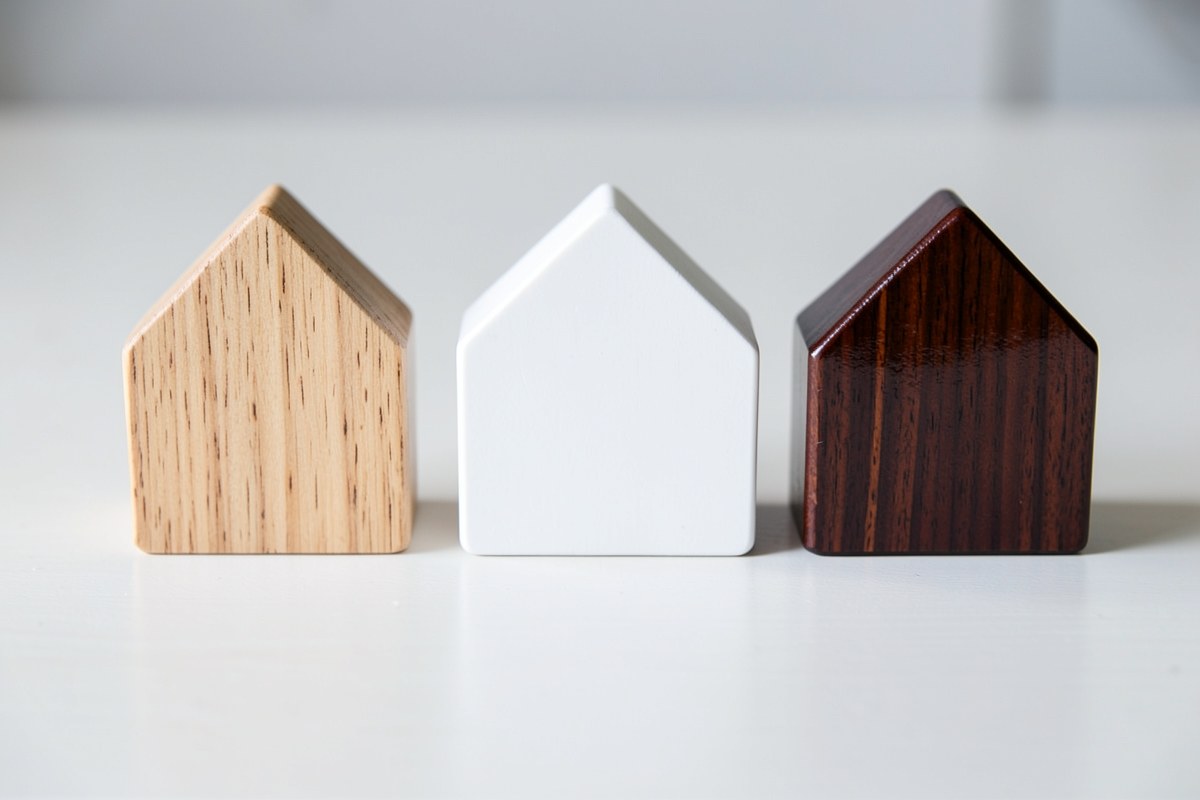 Three differently colored wooden house blocks lined up on a desk, each with a different texture.